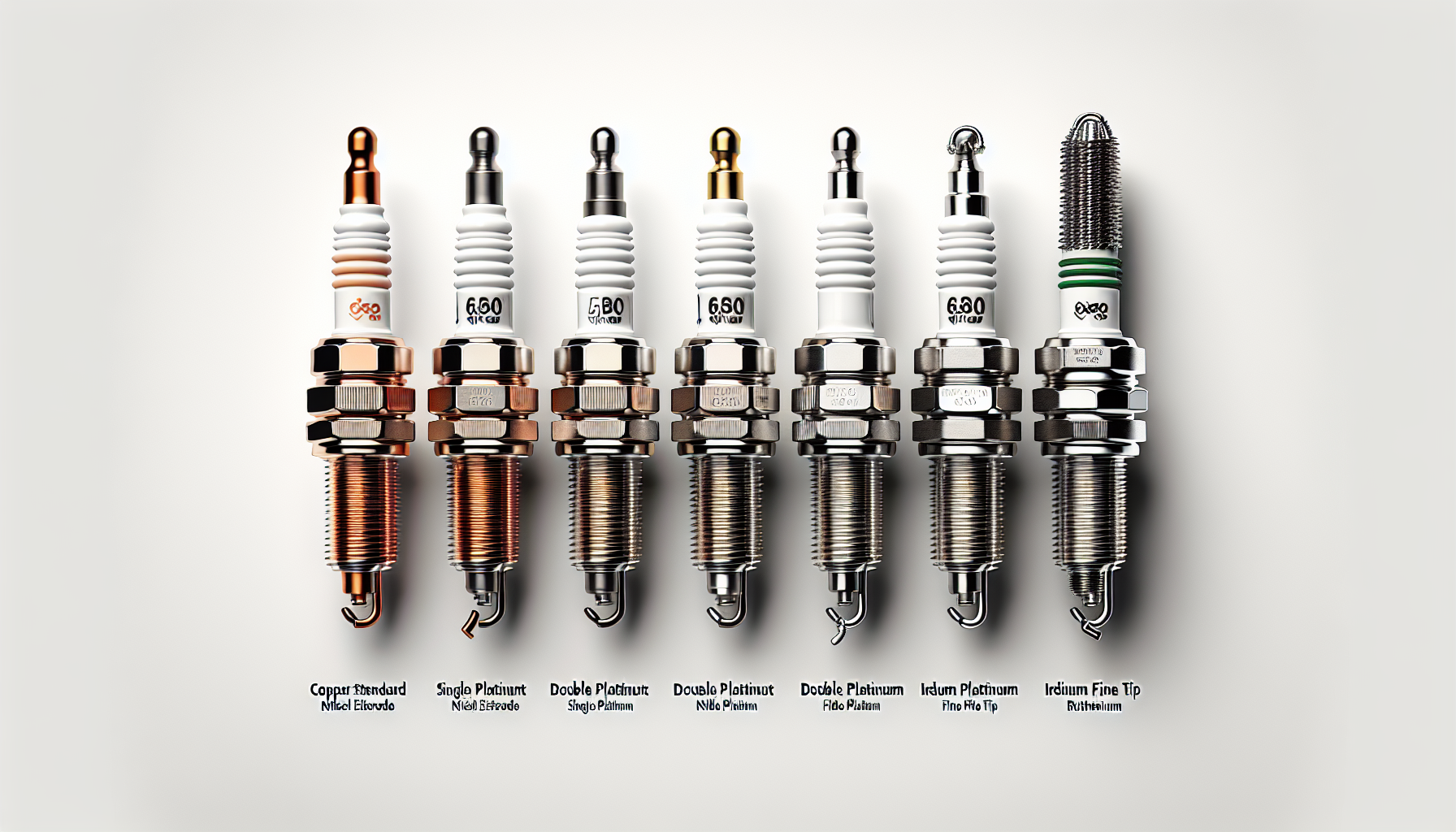 Five spark plugs side by side showing copper, single platinum, double platinum, iridium, and ruthenium electrode tip differences