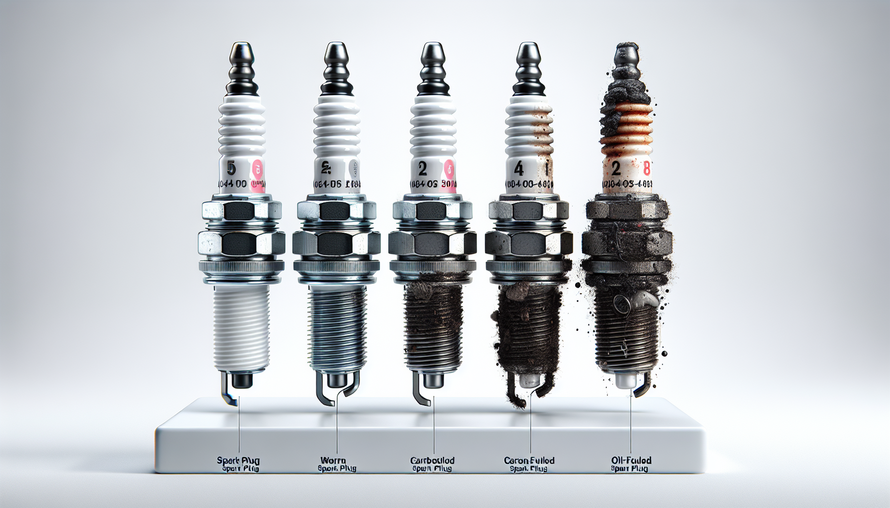 Four spark plugs shown in cutaway view: new, worn, carbon-fouled, and oil-fouled, with labeled electrode conditions
